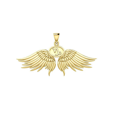 Guardian Angel Wings Solid Gold Pendant with Capricorn Zodiac Sign GPD5512 - Jewelry